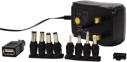 Black power adapter with multiple plug heads on a white background