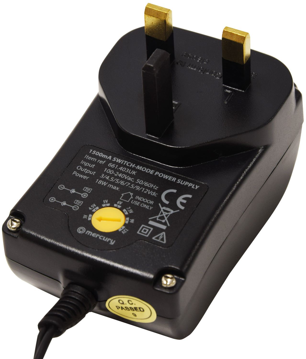 Black power adapter with UK plug on a white background