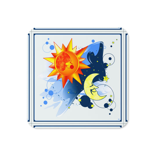 Square coaster with sun, moon, and star design on a white background
