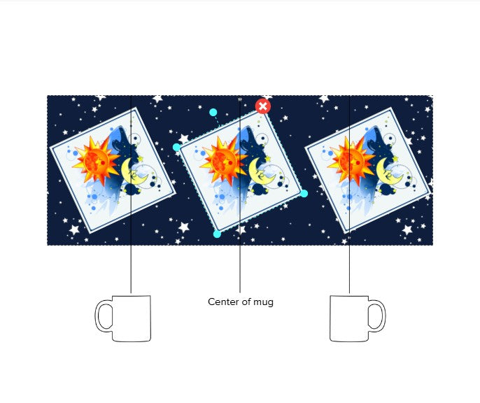 Diagram showing the design layout on the mug: 3 diagonal white squares on a starry navy blue background. Each square contains a sun, moon, or stars.
