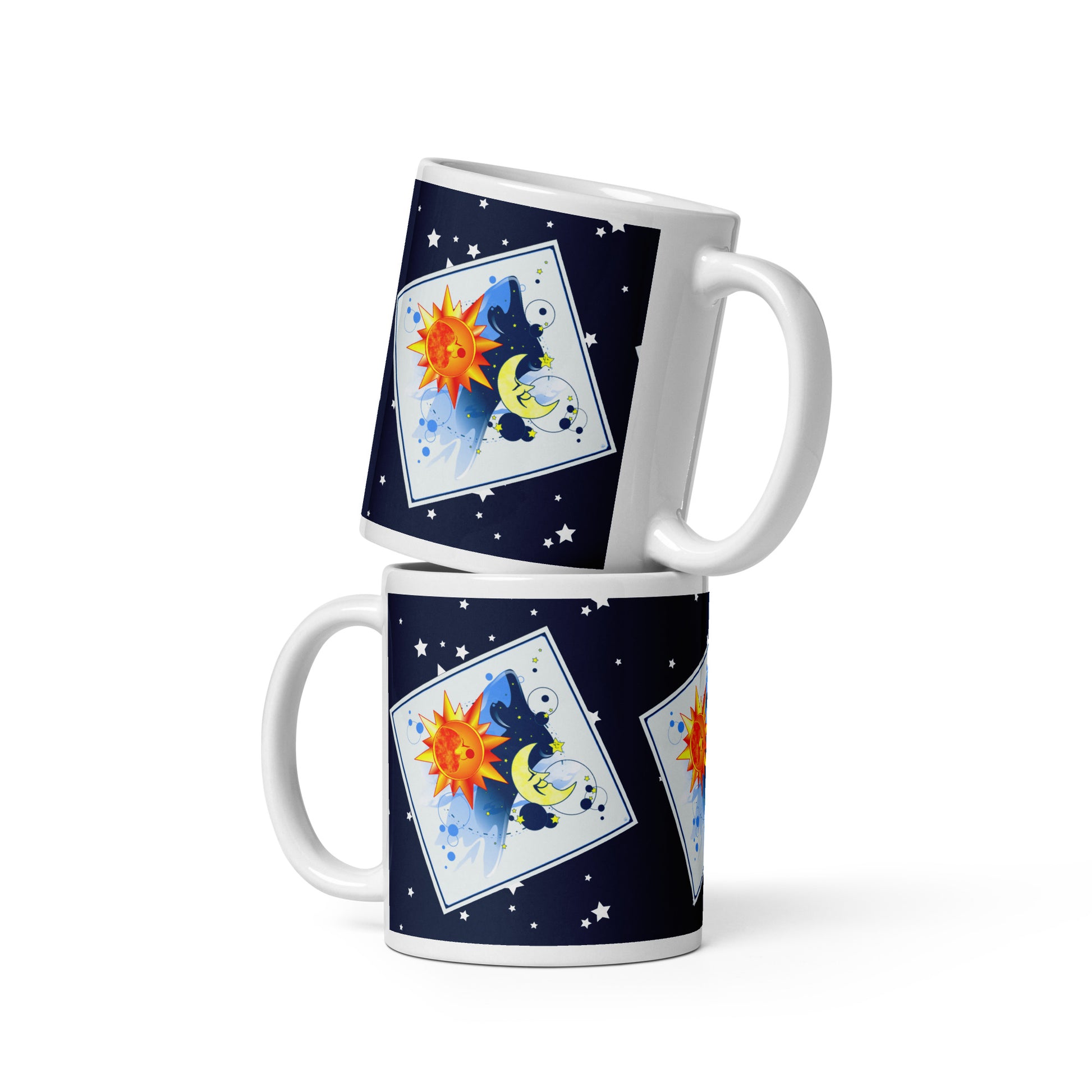 Two stacked mugs on a white background. 
Design: 3 diagonal white squares on a starry navy blue background. Each holds a gentle celestial scene — a warm red-yellow-orange sun on soft blue, and a pale yellow moon, and twinkling stars on deep blue. 