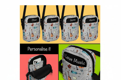 Grey crossbody bag with black adjustable shoulder strap (with black plastic clip), inside and outside pockets, sturdy fabric, and two-way zipper. The design features a repeat pattern of colourful musical instruments and black musical notes on a grey background. Personalise it!