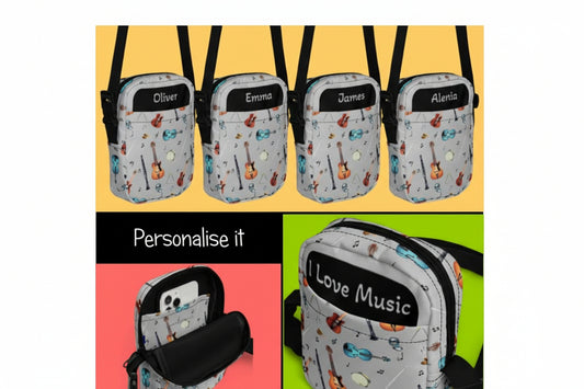 Grey crossbody bag with black adjustable shoulder strap (with black plastic clip), inside and outside pockets, sturdy fabric, and two-way zipper. The design features a repeat pattern of colourful musical instruments and black musical notes on a grey background. Personalise it!