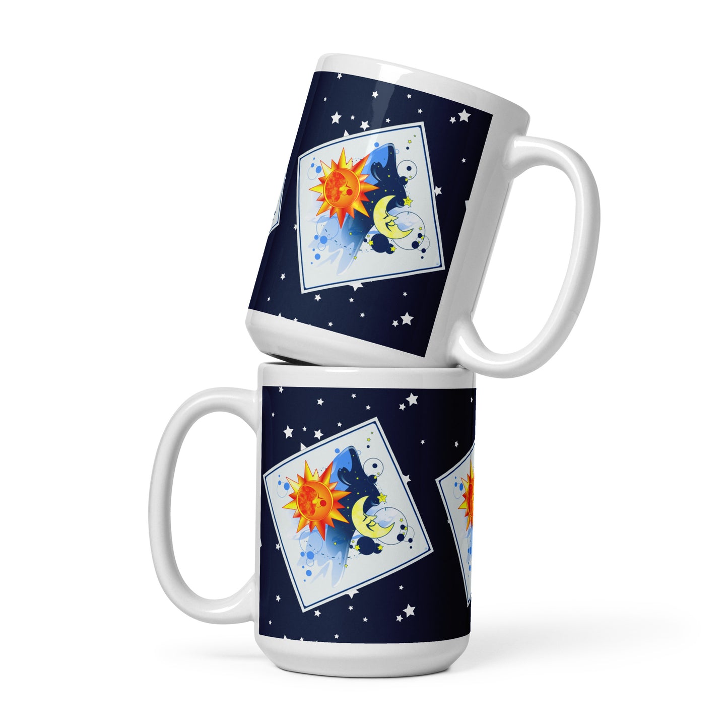 Two stacked mugs on a white background. 
Design: 3 diagonal white squares on a starry navy blue background. Each holds a gentle celestial scene — a warm red-yellow-orange sun on soft blue, and a pale yellow moon, and twinkling stars on deep blue. 