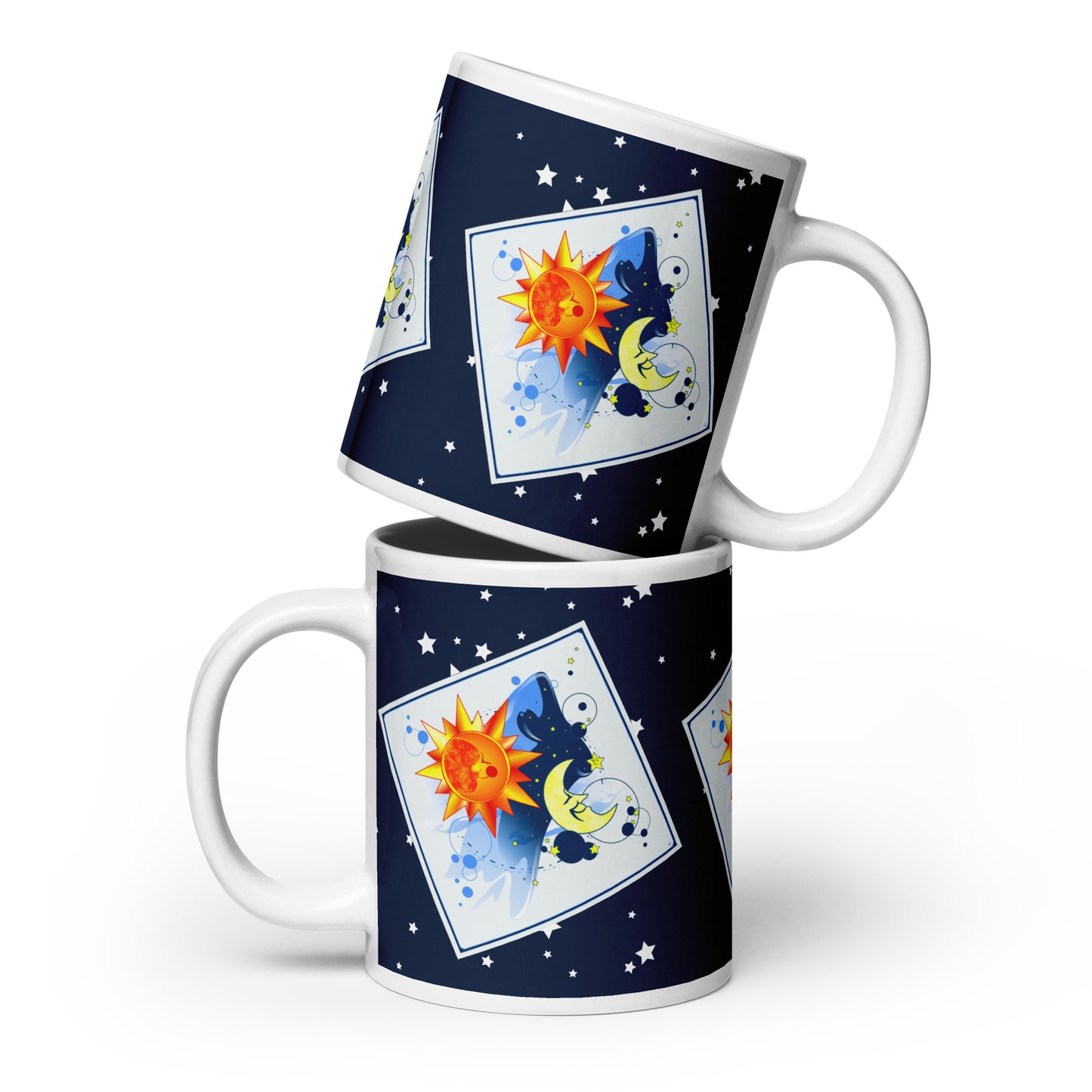 Two stacked mugs on a white background. 
Design: 3 diagonal white squares on a starry navy blue background. Each holds a gentle celestial scene — a warm red-yellow-orange sun on soft blue, and a pale yellow moon, and twinkling stars on deep blue. 