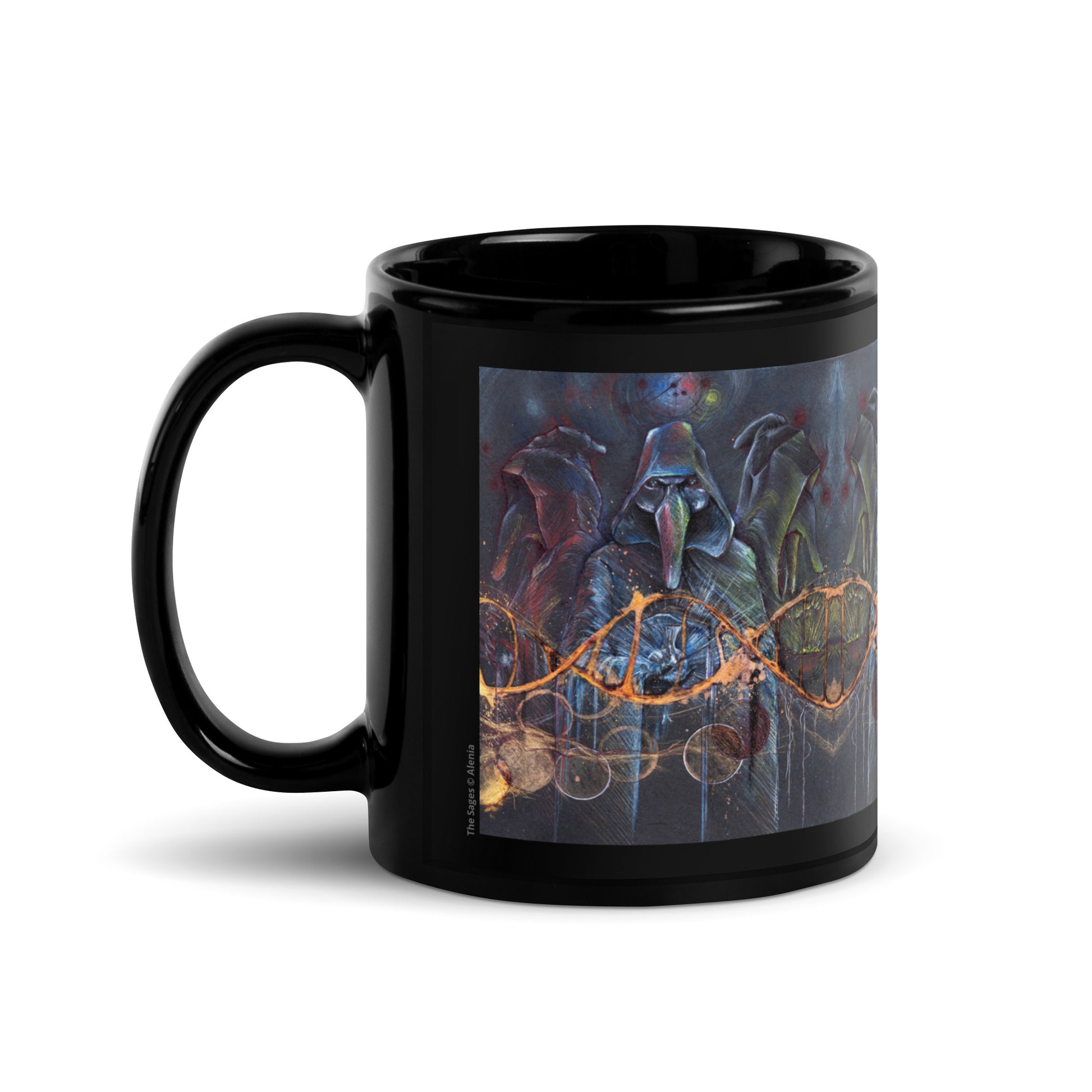 Black mug with a Venetian masks design  on a white background.
