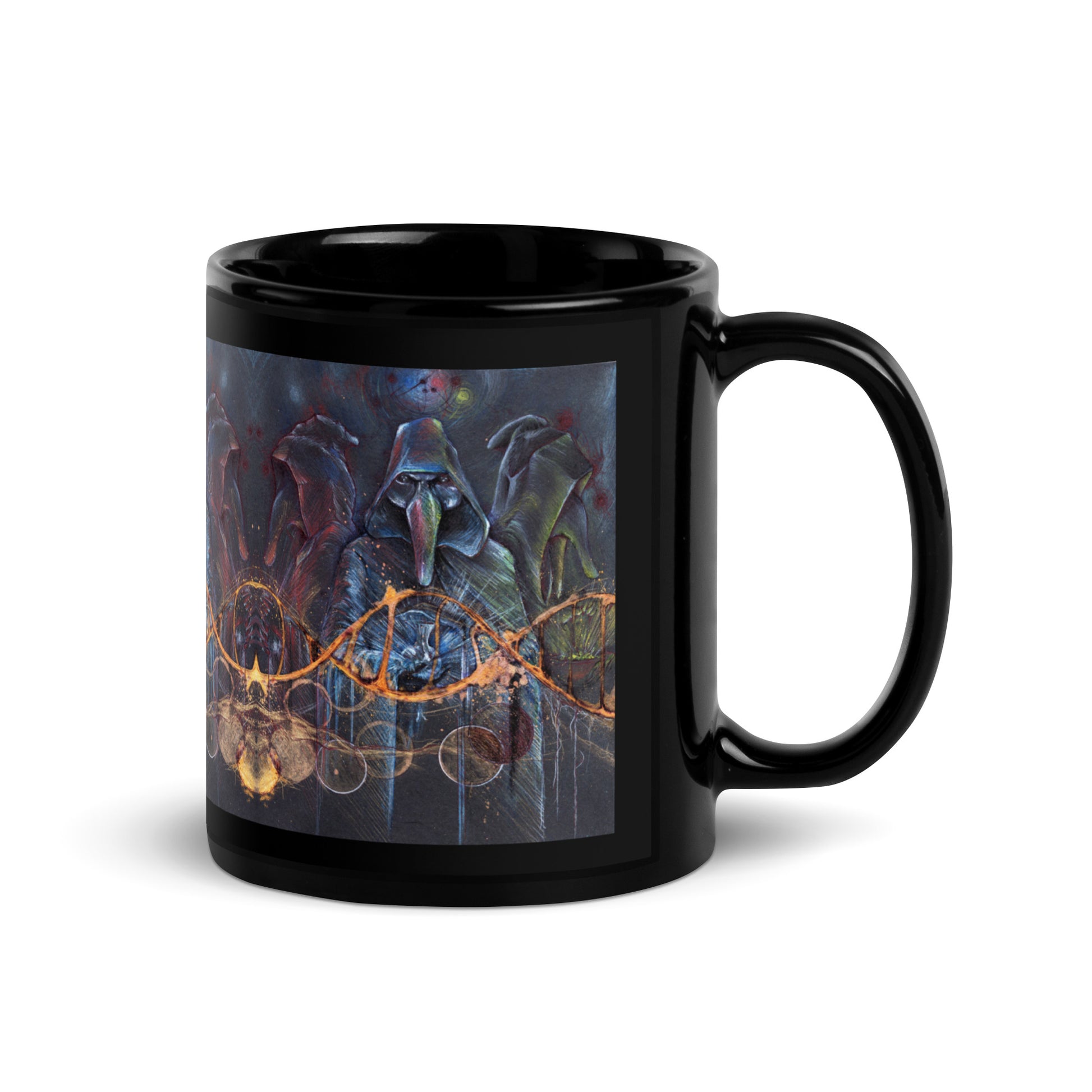 Black mug with a Venetian masks design  on a white background.