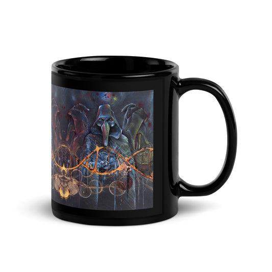 Black mug with a Venetian masks design  on a white background.