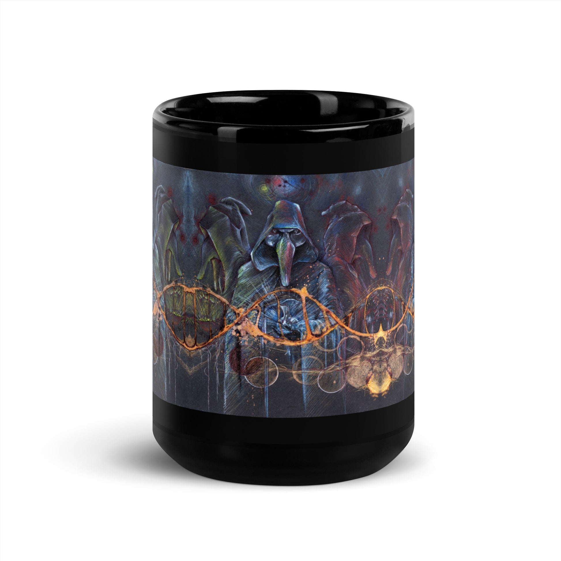 Black mug with a Venetian masks design  on a white background.
