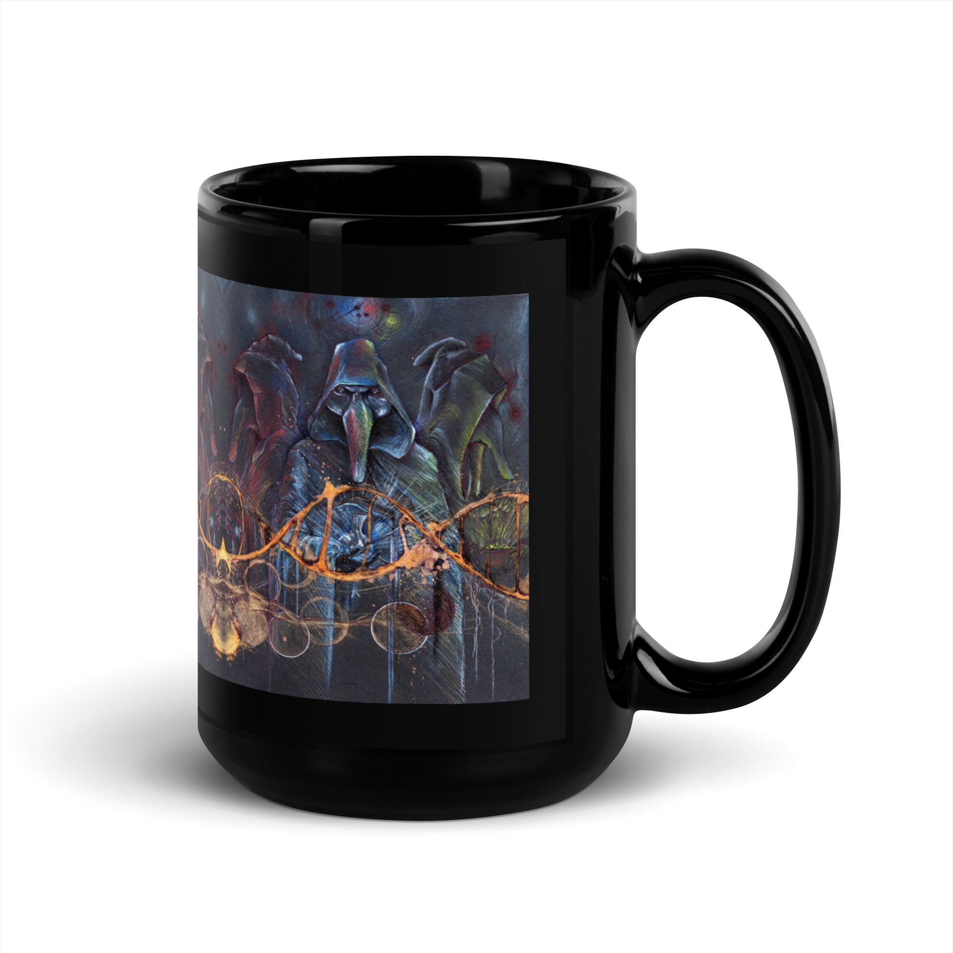 Black mug with a Venetian masks design  on a white background.