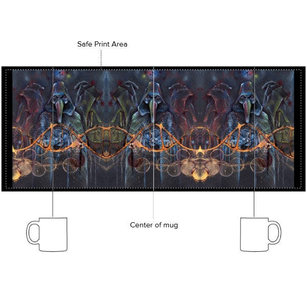 Technical : Diagram showing the centre of a mug and the spill point area.

Design: Original A3 coloured pencil artwork on black paper. Magically expanded to 9 Venetian masked figures (red, blue, yellow), each Sage holding glowing potions that light the dark. Golden DNA strands connect them in a visual spell of unity and wonder.