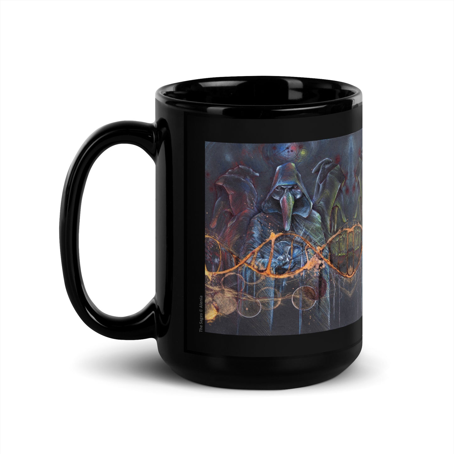 Black mug with a Venetian masks design  on a white background.