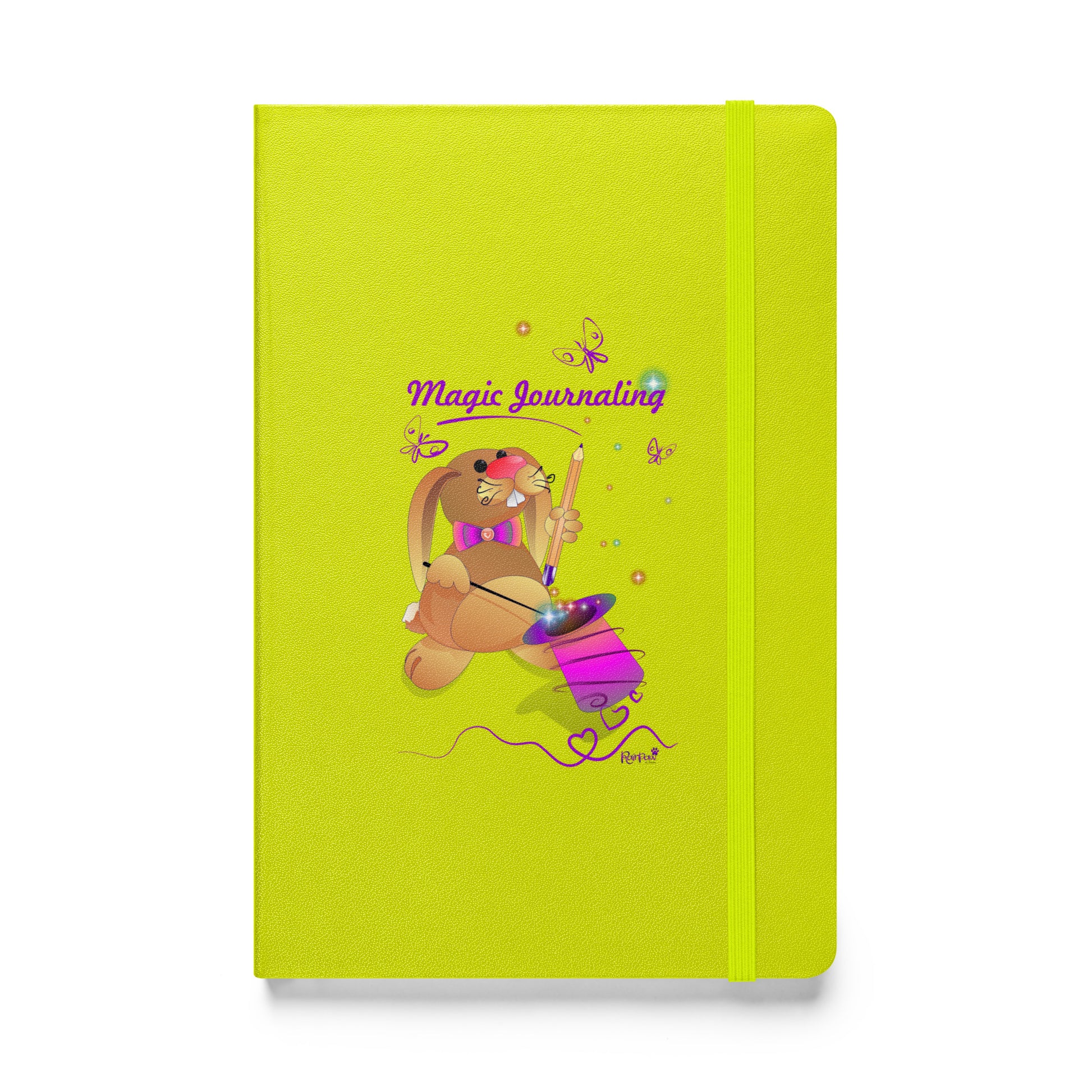 Lime-green notebook on a white background. A rubber band wraps around the opening edge of the journal to keep it closed. - The cover features a bunny holding a magic wand and a pencil pulled from its top hat, surrounded by butterflies, colourful stars, and hearts, giving the journal an enchanting feel. The words "Magic Journaling" are written on the cover.