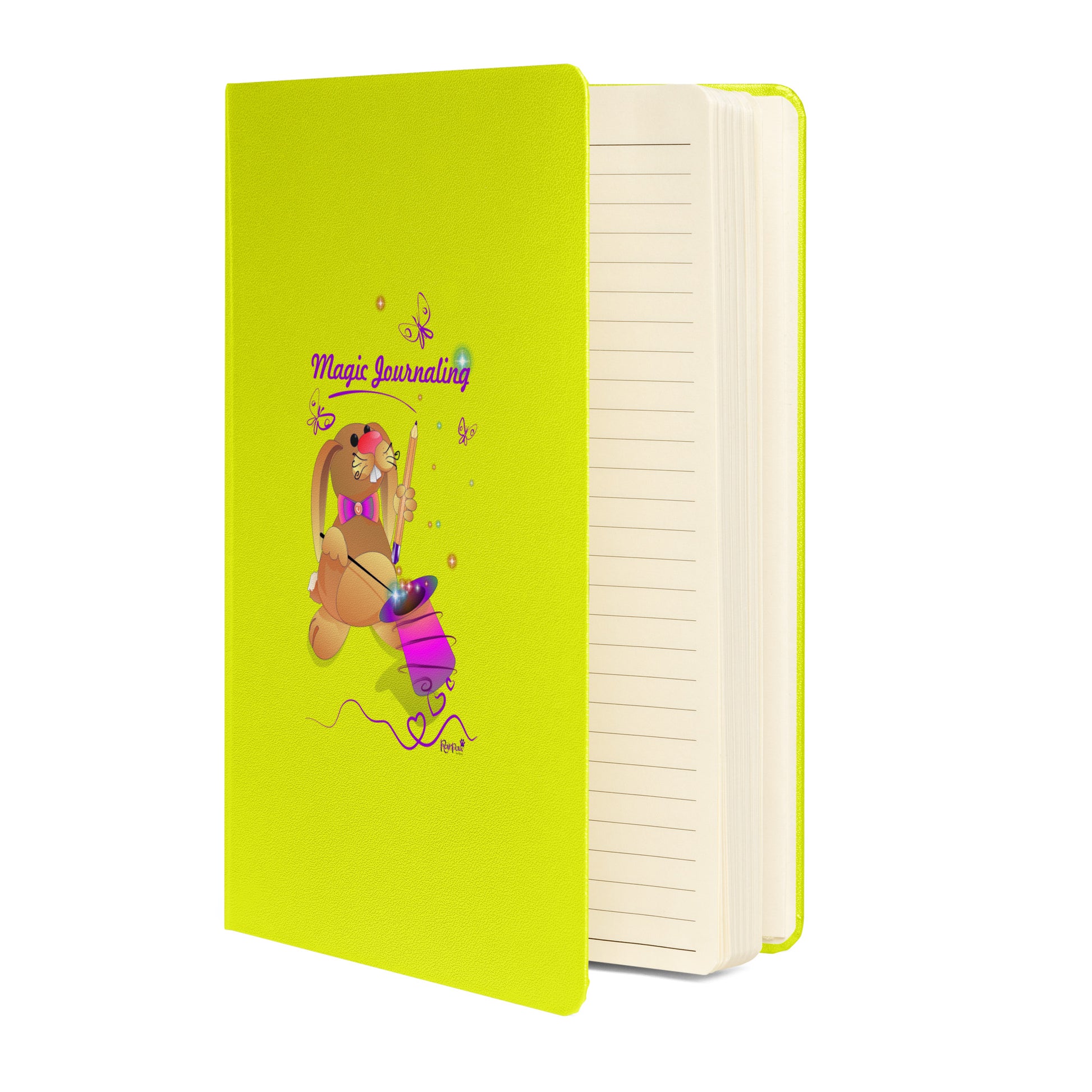 Lime-green notebook on a white background. - The cover features a bunny holding a magic wand and a pencil pulled from its top hat, surrounded by butterflies, colourful stars, and hearts, giving the journal an enchanting feel. The words "Magic Journaling" are written on the cover.