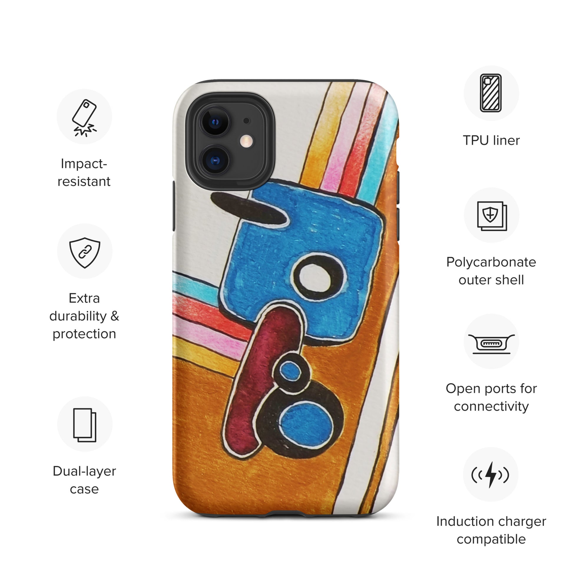 Phone case with colourful design and feature icons: 1. impact resistant, 2. Extra durability, 3. Dual-layer case
4. TPU liner, 5. Polycarbonate outer shell,
5. Open ports for connectivity, 6. Induction Carer compatible