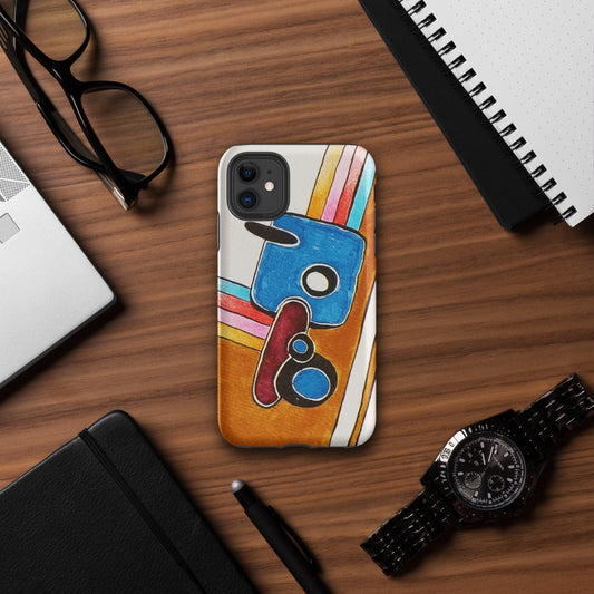Phone case with colourful abstract design on a wooden desk with glasses, laptop, and watch.