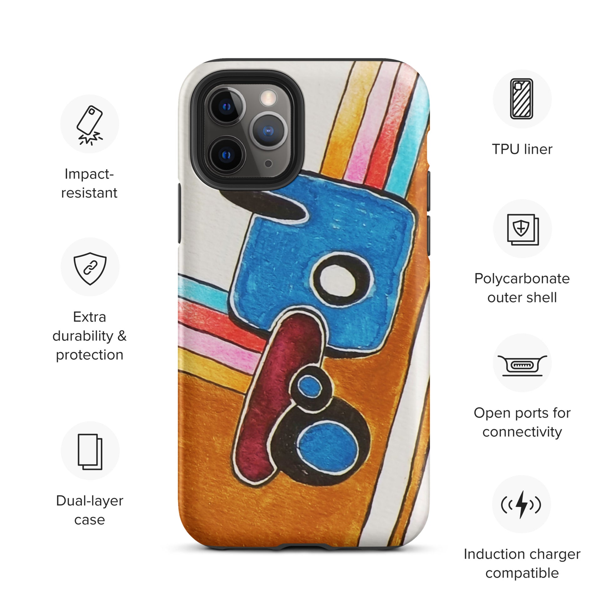 Phone case with colourful design and feature icons: 1. impact resistant, 2. Extra durability, 3. Dual-layer case
4. TPU liner, 5. Polycarbonate outer shell,
5. Open ports for connectivity, 6. Induction Carer compatible