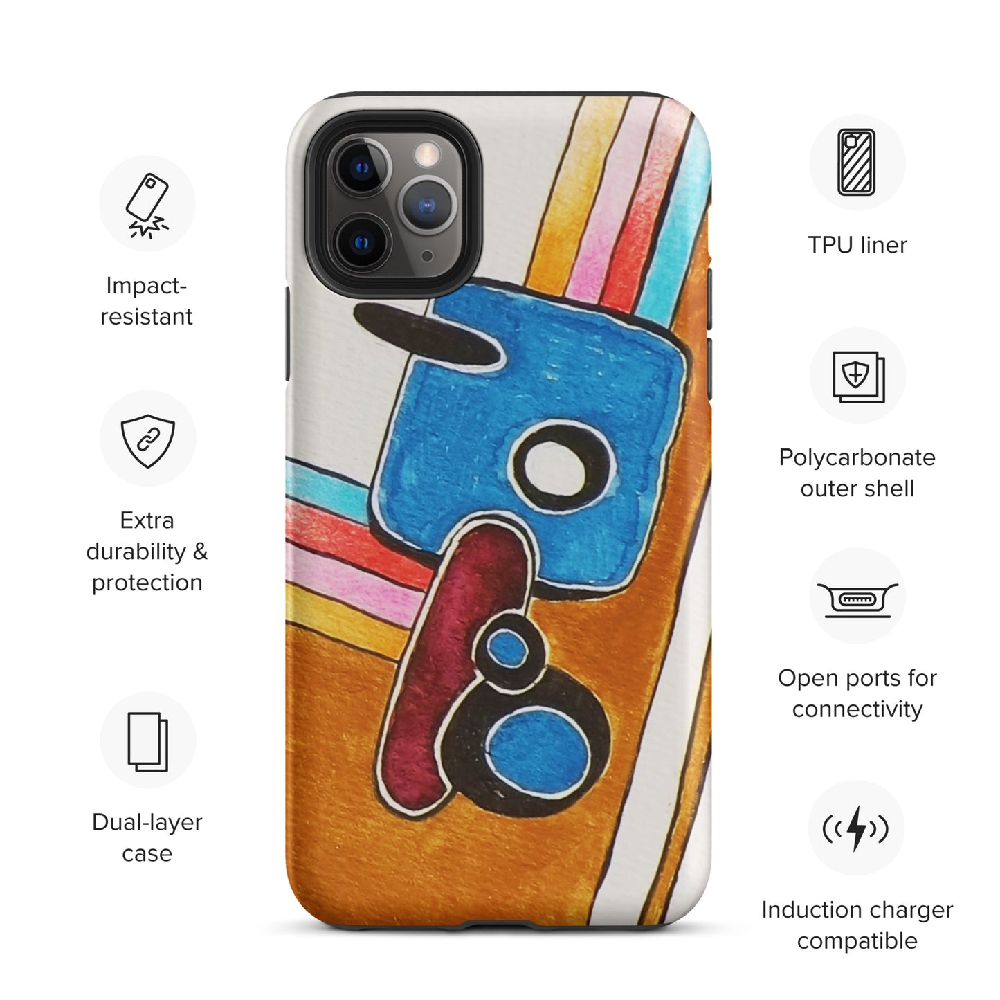 Phone case with colourful design and feature icons: 1. impact resistant, 2. Extra durability, 3. Dual-layer case
4. TPU liner, 5. Polycarbonate outer shell,
5. Open ports for connectivity, 6. Induction Carer compatible