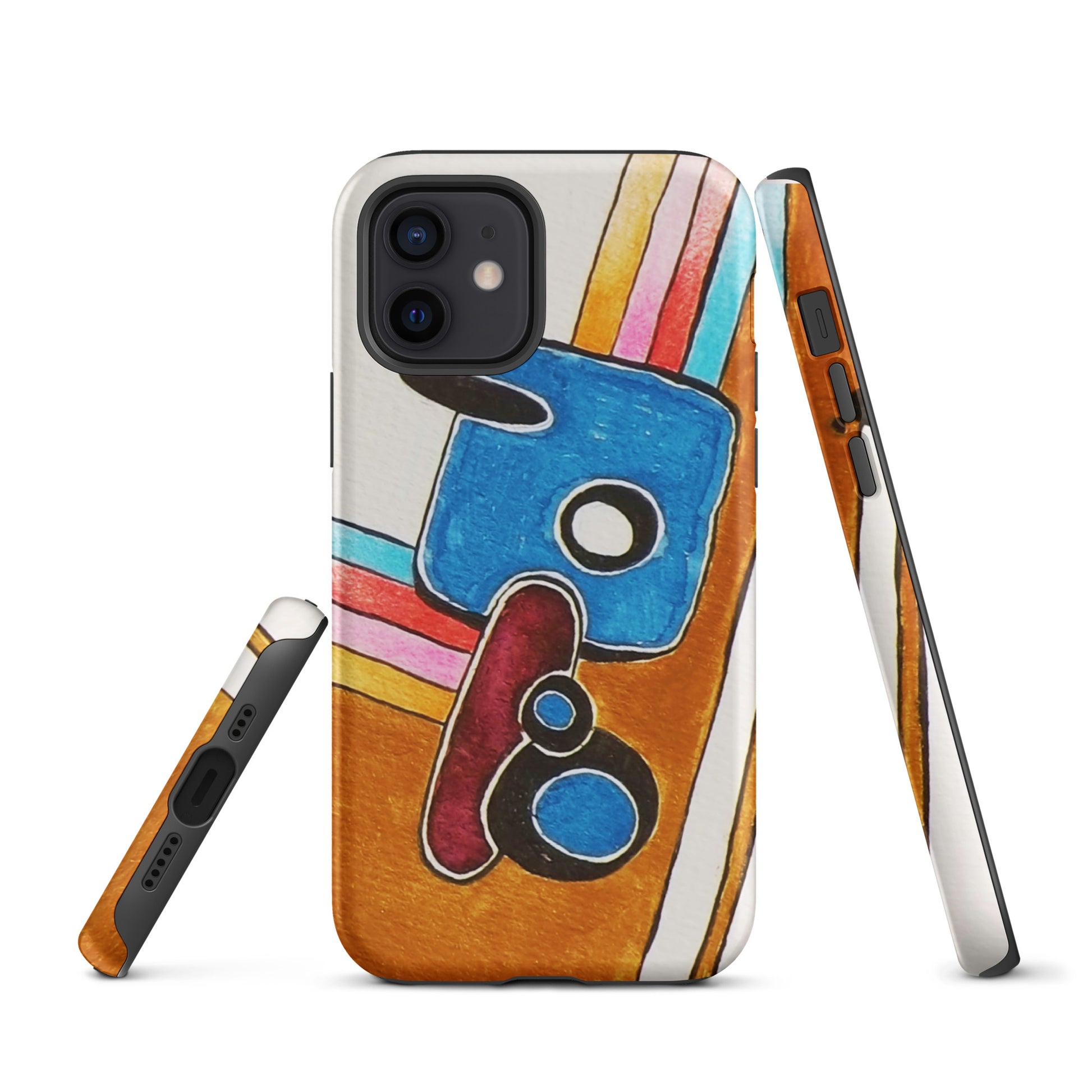 Phone case with colorful abstract design on a white background