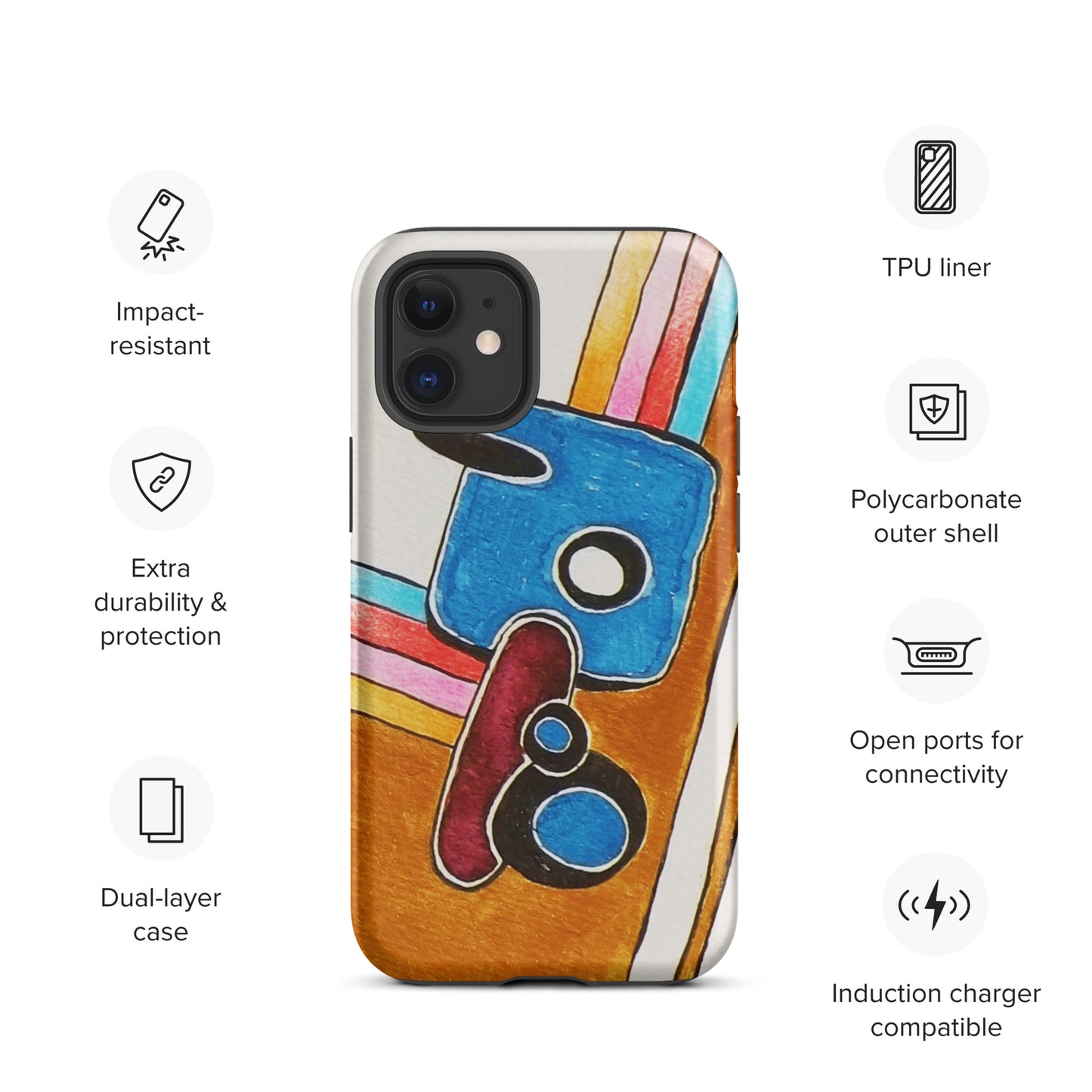 Phone case with colourful design and feature icons: 1. impact resistant, 2. Extra durability, 3. Dual-layer case
4. TPU liner, 5. Polycarbonate outer shell,
5. Open ports for connectivity, 6. Induction Carer compatible
