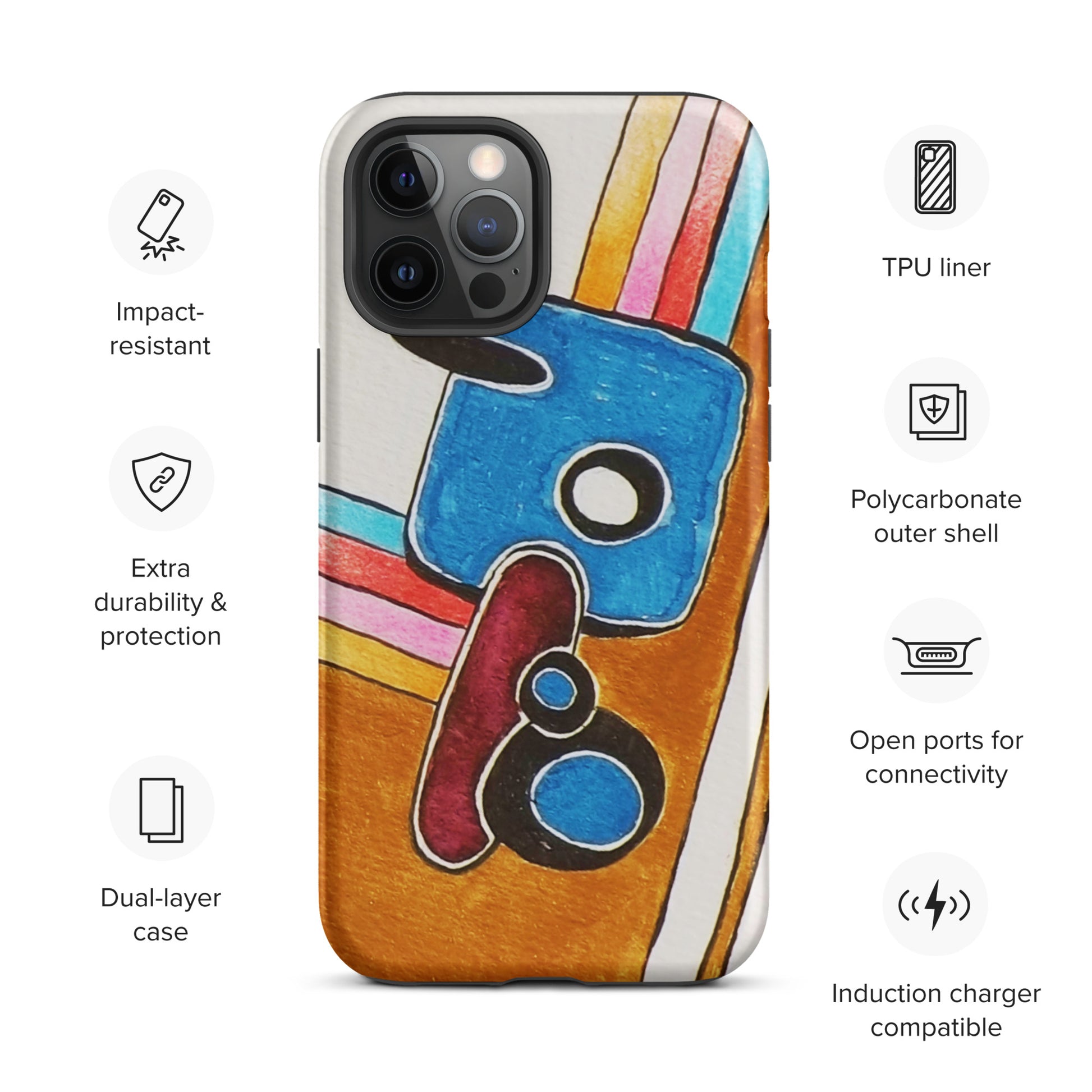 Phone case with colourful design and feature icons: 1. impact resistant, 2. Extra durability, 3. Dual-layer case
4. TPU liner, 5. Polycarbonate outer shell,
5. Open ports for connectivity, 6. Induction Carer compatible