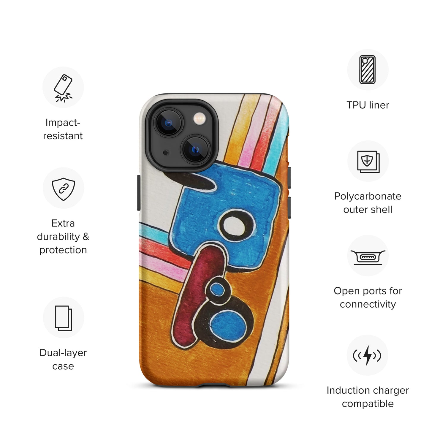 Phone case with colourful design and feature icons: 1. impact resistant, 2. Extra durability, 3. Dual-layer case
4. TPU liner, 5. Polycarbonate outer shell,
5. Open ports for connectivity, 6. Induction Carer compatible