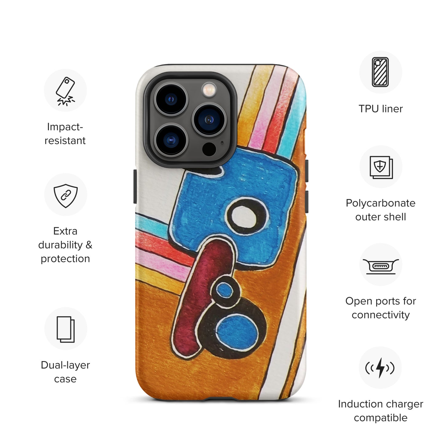 Phone case with colourful design and feature icons: 1. impact resistant, 2. Extra durability, 3. Dual-layer case
4. TPU liner, 5. Polycarbonate outer shell,
5. Open ports for connectivity, 6. Induction Carer compatible