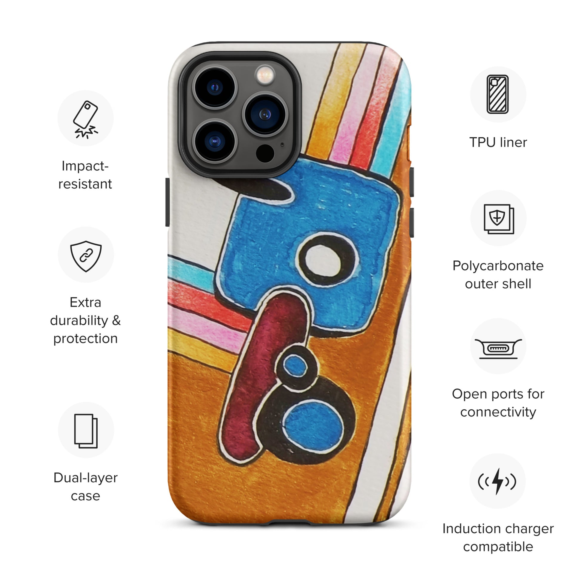 Phone case with colourful design and feature icons: 1. impact resistant, 2. Extra durability, 3. Dual-layer case
4. TPU liner, 5. Polycarbonate outer shell,
5. Open ports for connectivity, 6. Induction Carer compatible