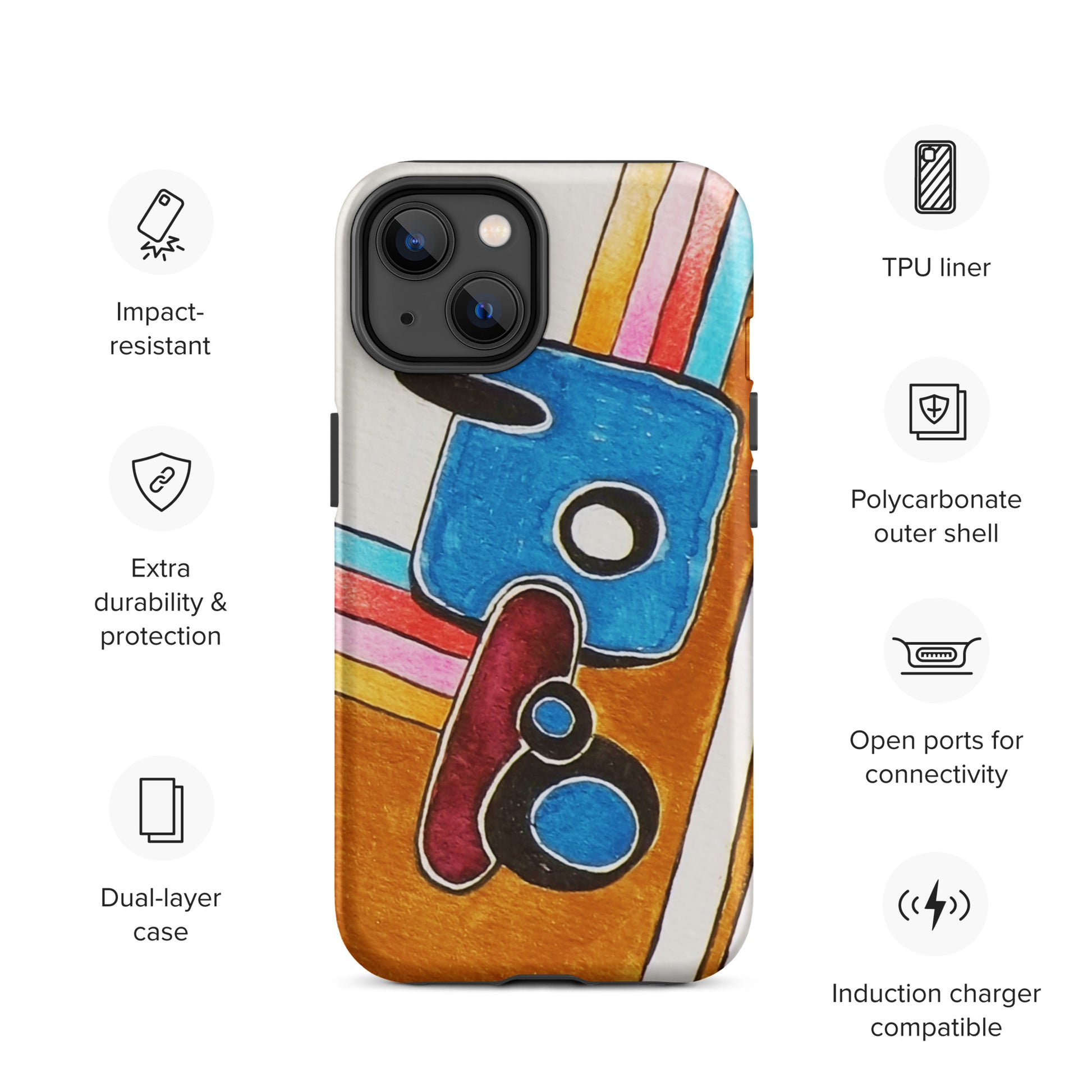 Phone case with colourful design and feature icons: 1. impact resistant, 2. Extra durability, 3. Dual-layer case
4. TPU liner, 5. Polycarbonate outer shell,
5. Open ports for connectivity, 6. Induction Carer compatible
