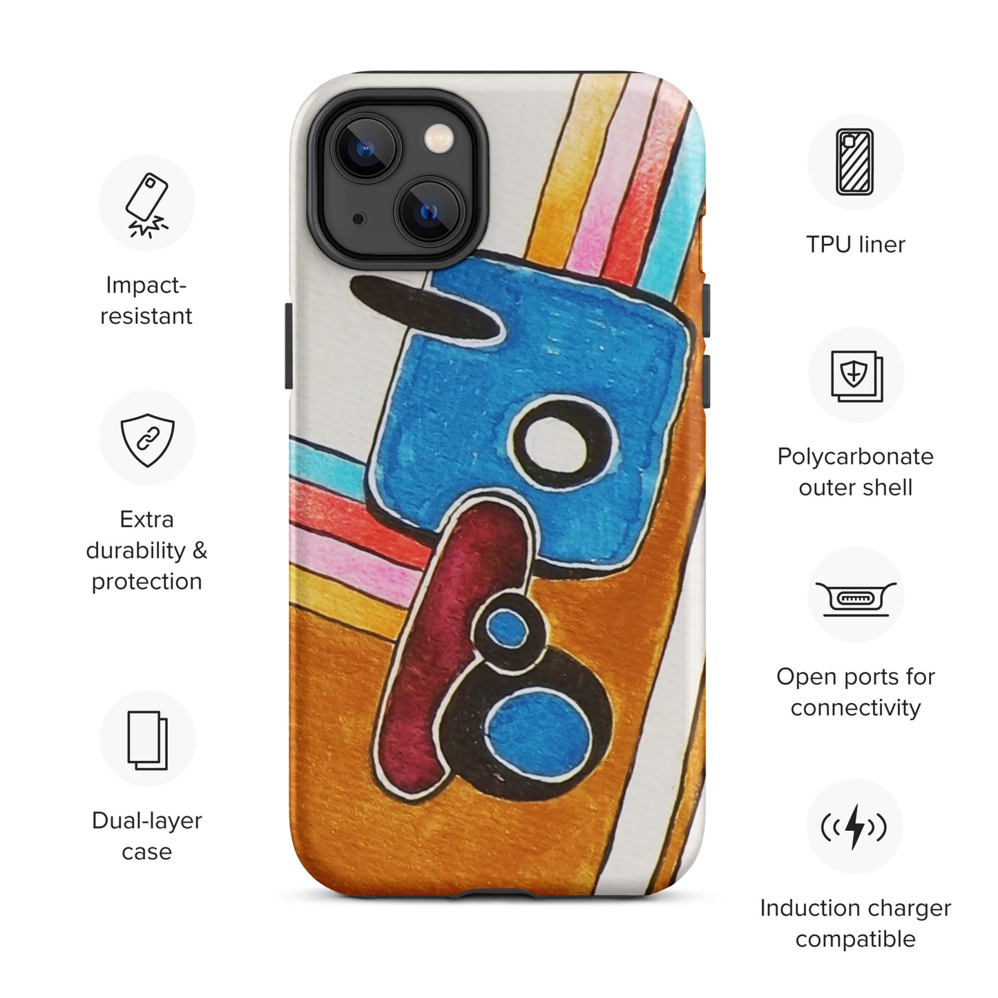 Phone case with colourful design and feature icons: 1. impact resistant, 2. Extra durability, 3. Dual-layer case
4. TPU liner, 5. Polycarbonate outer shell,
5. Open ports for connectivity, 6. Induction Carer compatible