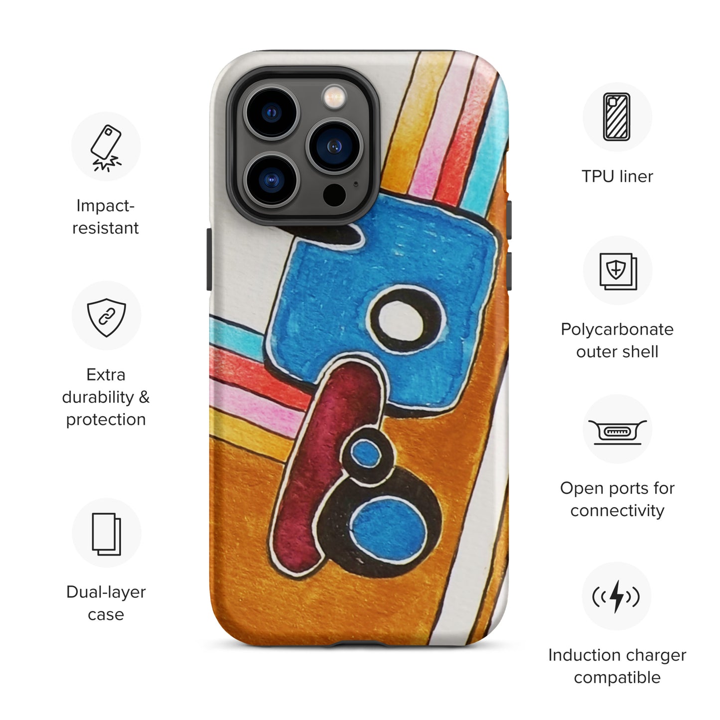 Phone case with colourful design and feature icons: 1. impact resistant, 2. Extra durability, 3. Dual-layer case
4. TPU liner, 5. Polycarbonate outer shell,
5. Open ports for connectivity, 6. Induction Carer compatible