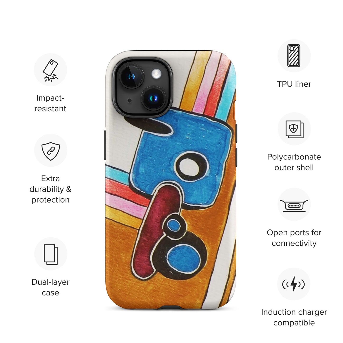 Phone case with colourful design and feature icons: 1. impact resistant, 2. Extra durability, 3. Dual-layer case
4. TPU liner, 5. Polycarbonate outer shell,
5. Open ports for connectivity, 6. Induction Carer compatible