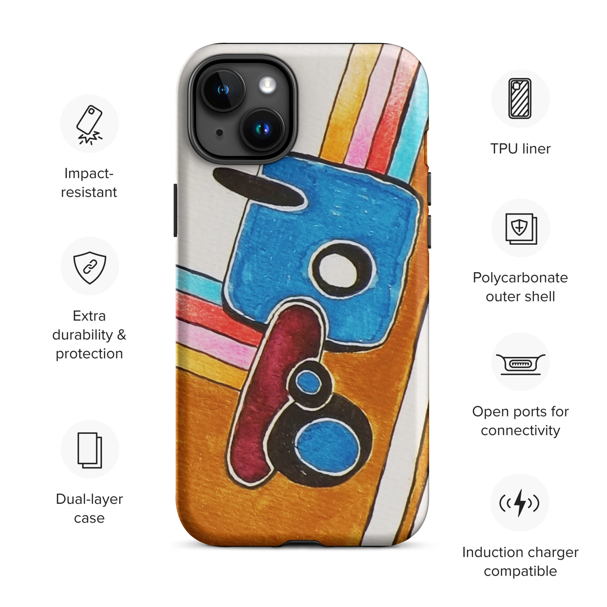 Phone case with colourful design and feature icons: 1. impact resistant, 2. Extra durability, 3. Dual-layer case
4. TPU liner, 5. Polycarbonate outer shell,
5. Open ports for connectivity, 6. Induction Carer compatible