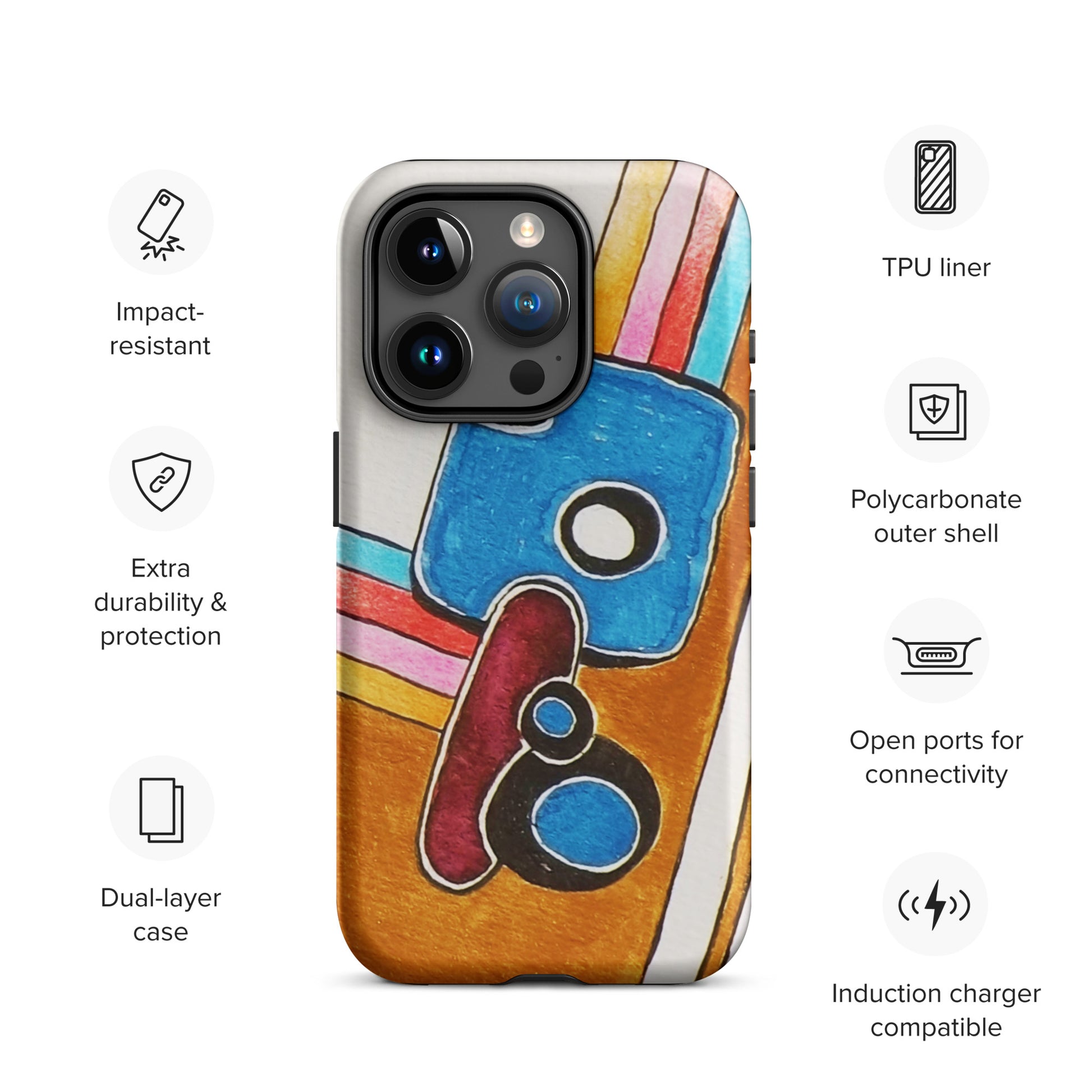 Phone case with colourful design and feature icons: 1. impact resistant, 2. Extra durability, 3. Dual-layer case
4. TPU liner, 5. Polycarbonate outer shell,
5. Open ports for connectivity, 6. Induction Carer compatible