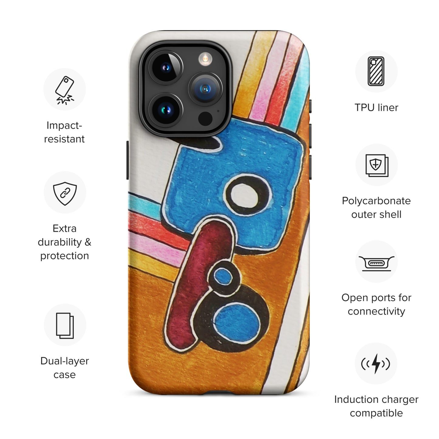 Phone case with colourful design and feature icons: 1. impact resistant, 2. Extra durability, 3. Dual-layer case
4. TPU liner, 5. Polycarbonate outer shell,
5. Open ports for connectivity, 6. Induction Carer compatible