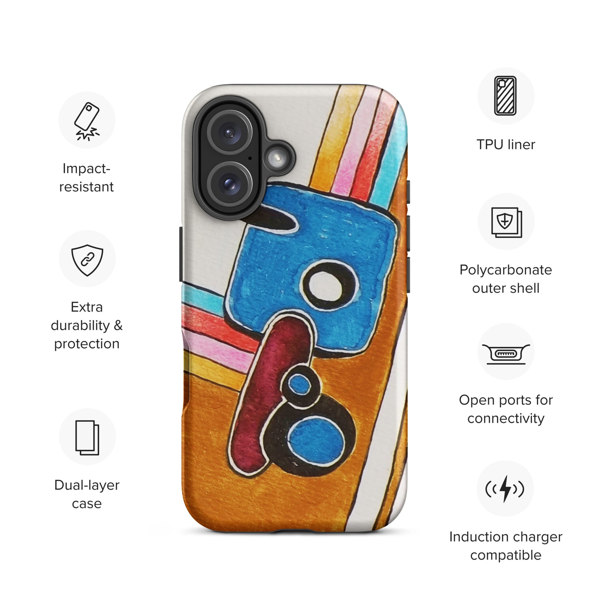 Phone case with colourful design and feature icons: 1. impact resistant, 2. Extra durability, 3. Dual-layer case
4. TPU liner, 5. Polycarbonate outer shell,
5. Open ports for connectivity, 6. Induction Carer compatible