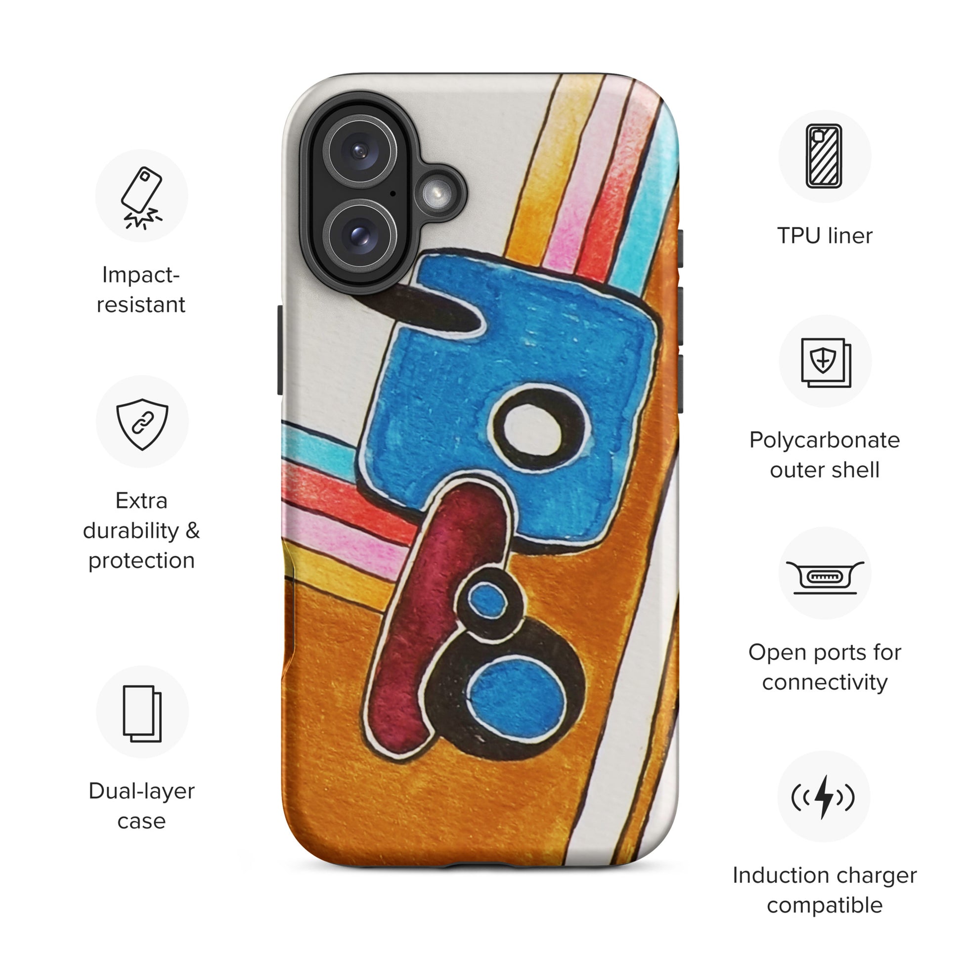 Phone case with colourful design and feature icons: 1. impact resistant, 2. Extra durability, 3. Dual-layer case
4. TPU liner, 5. Polycarbonate outer shell,
5. Open ports for connectivity, 6. Induction Carer compatible