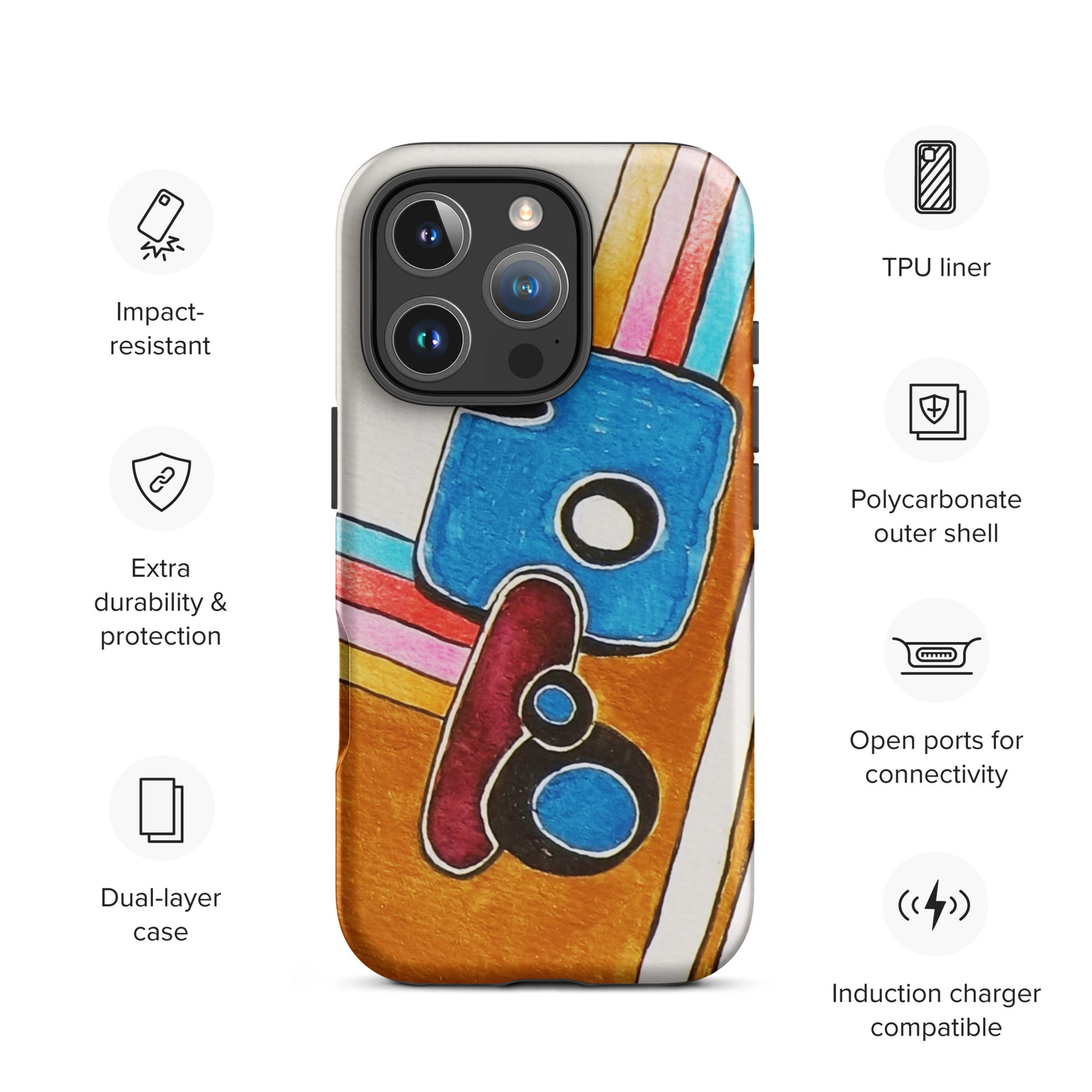 Phone case with colourful design and feature icons: 1. impact resistant, 2. Extra durability, 3. Dual-layer case
4. TPU liner, 5. Polycarbonate outer shell,
5. Open ports for connectivity, 6. Induction Carer compatible