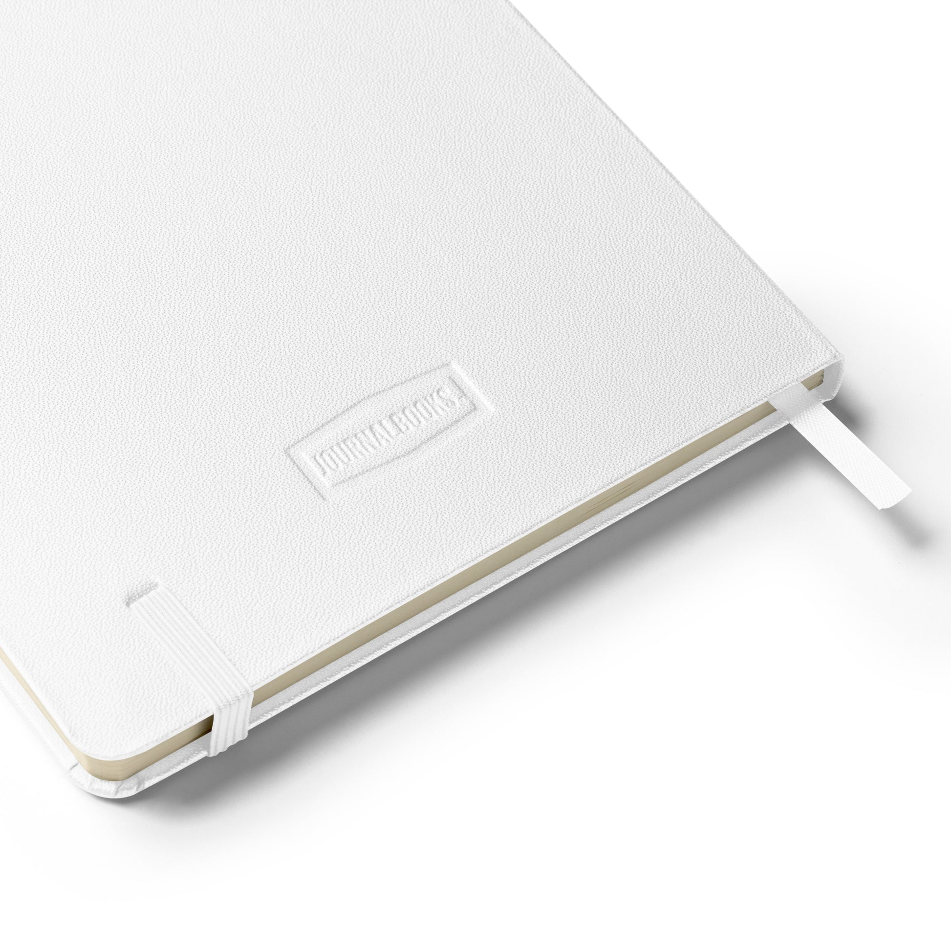 White notebook with a visible brand logo on a white background