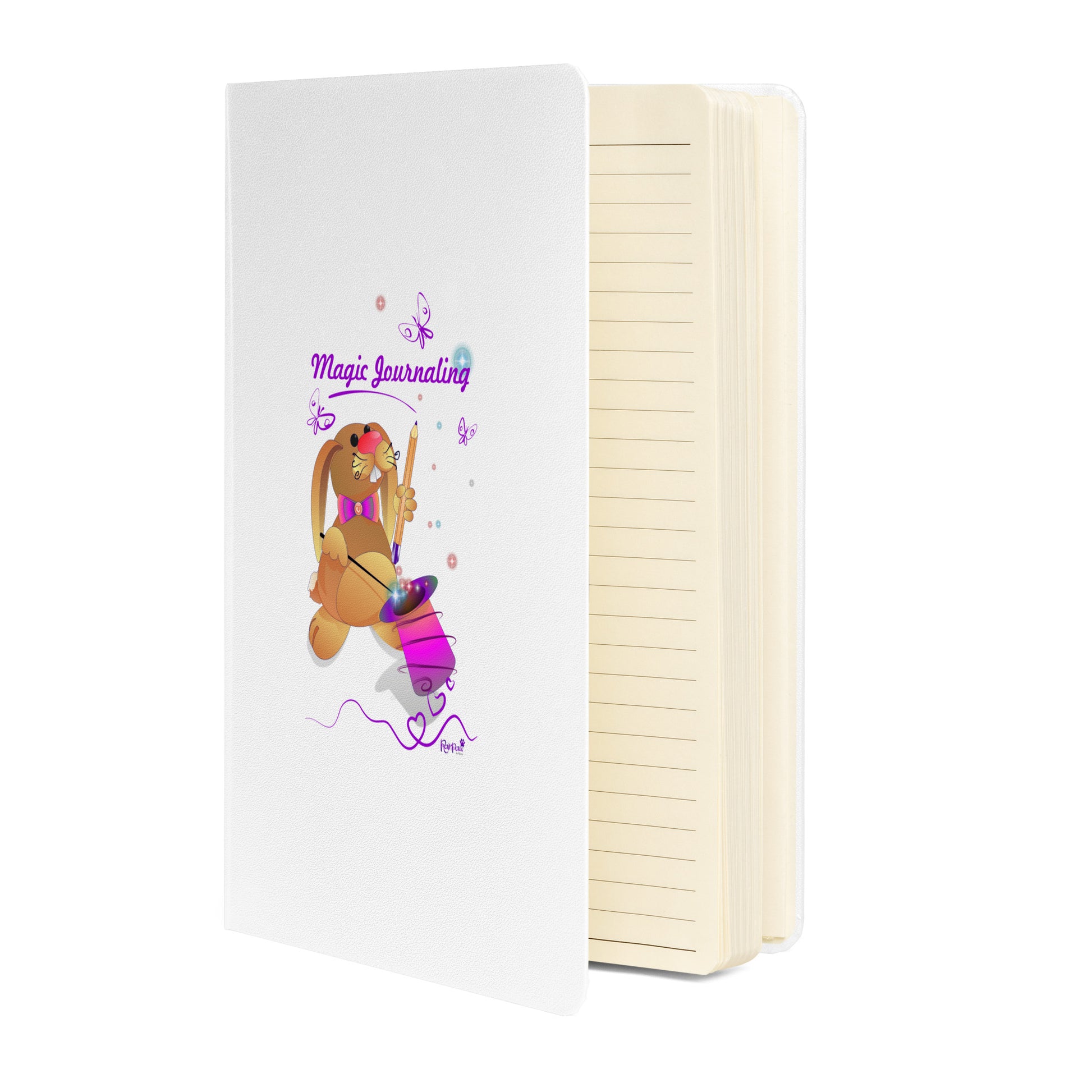 White notebook on a white background. The cover features a bunny holding a magic wand and a pencil pulled from its top hat, surrounded by butterflies, colourful stars, and hearts, giving the journal an enchanting feel. The words "Magic Journaling" are written on the cover.
