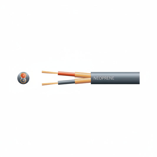 A single cable cross-section on a white background, labeled NEOPRENE, with a small circular icon at left. The cable is dark gray with three exposed inner strands in orange, gray, and tan.