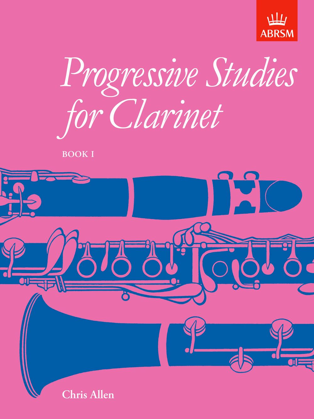 Book cover of 'Progressive Studies for Clarinet' by ABRSM with a pink background and blue clarinet illustration.