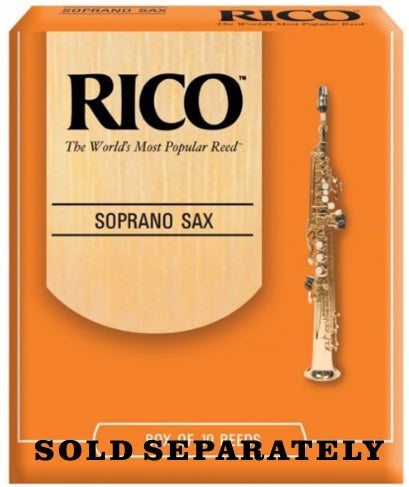 Rico soprano saxophone reed packaging with a saxophone illustration on an orange background.