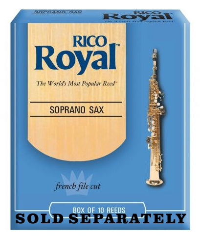 Rico Royal soprano saxophone reed packaging with a saxophone illustration on a blue background.