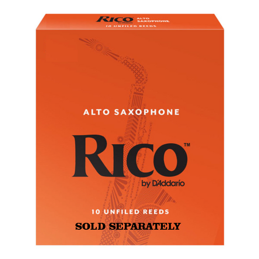 Orange box of Rico alto saxophone reeds with saxophone illustration