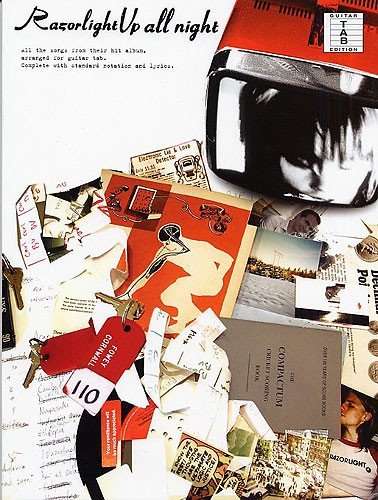 Album cover with collage of images and text, featuring a guitar tab and album title 'Razorlight Up all night'.