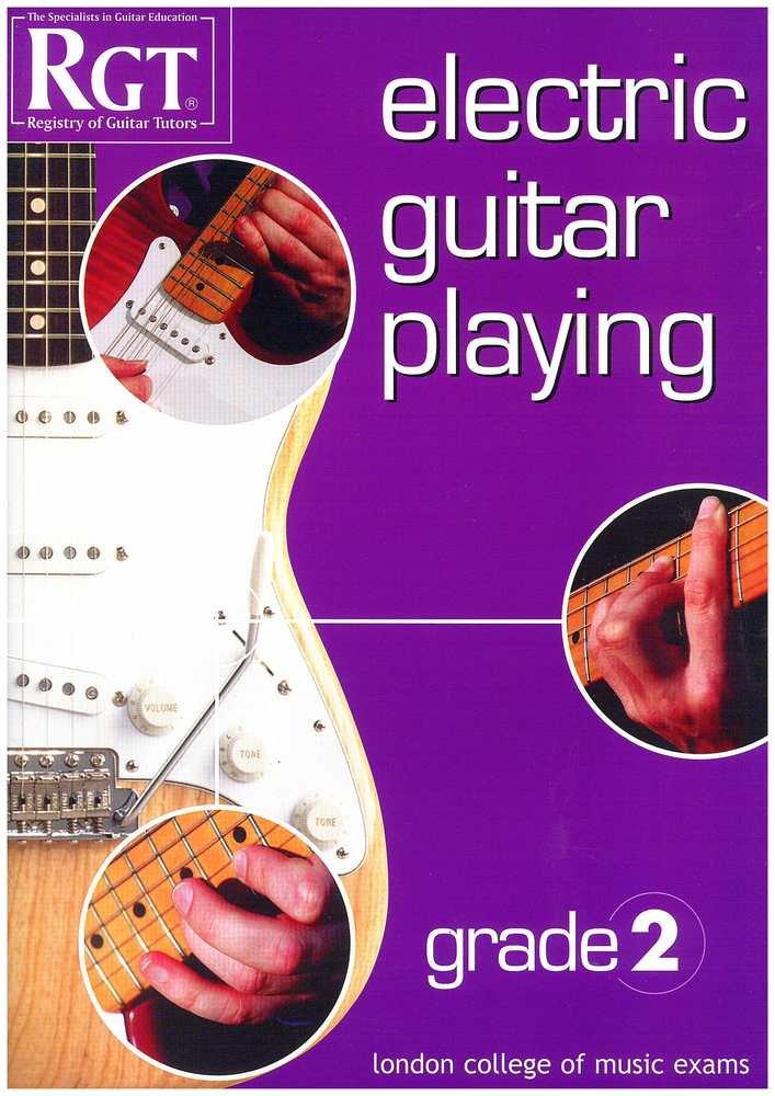 Book cover of 'Electric Guitar Playing' grade 2 by RGT with images of a guitar and hands on a purple background.