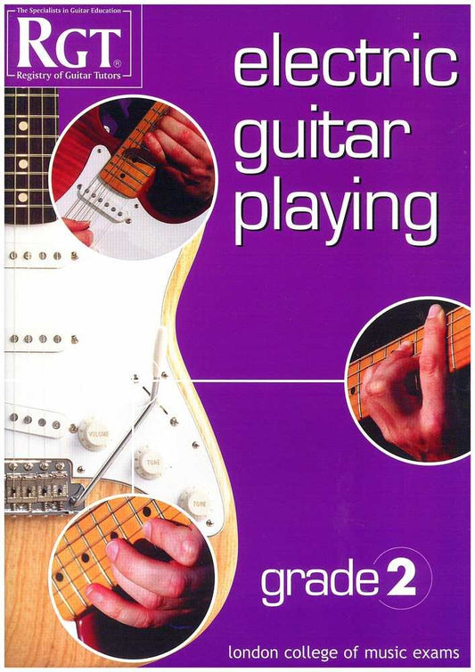 Book cover of 'Electric Guitar Playing' grade 2 by RGT with images of a guitar and hands on a purple background.