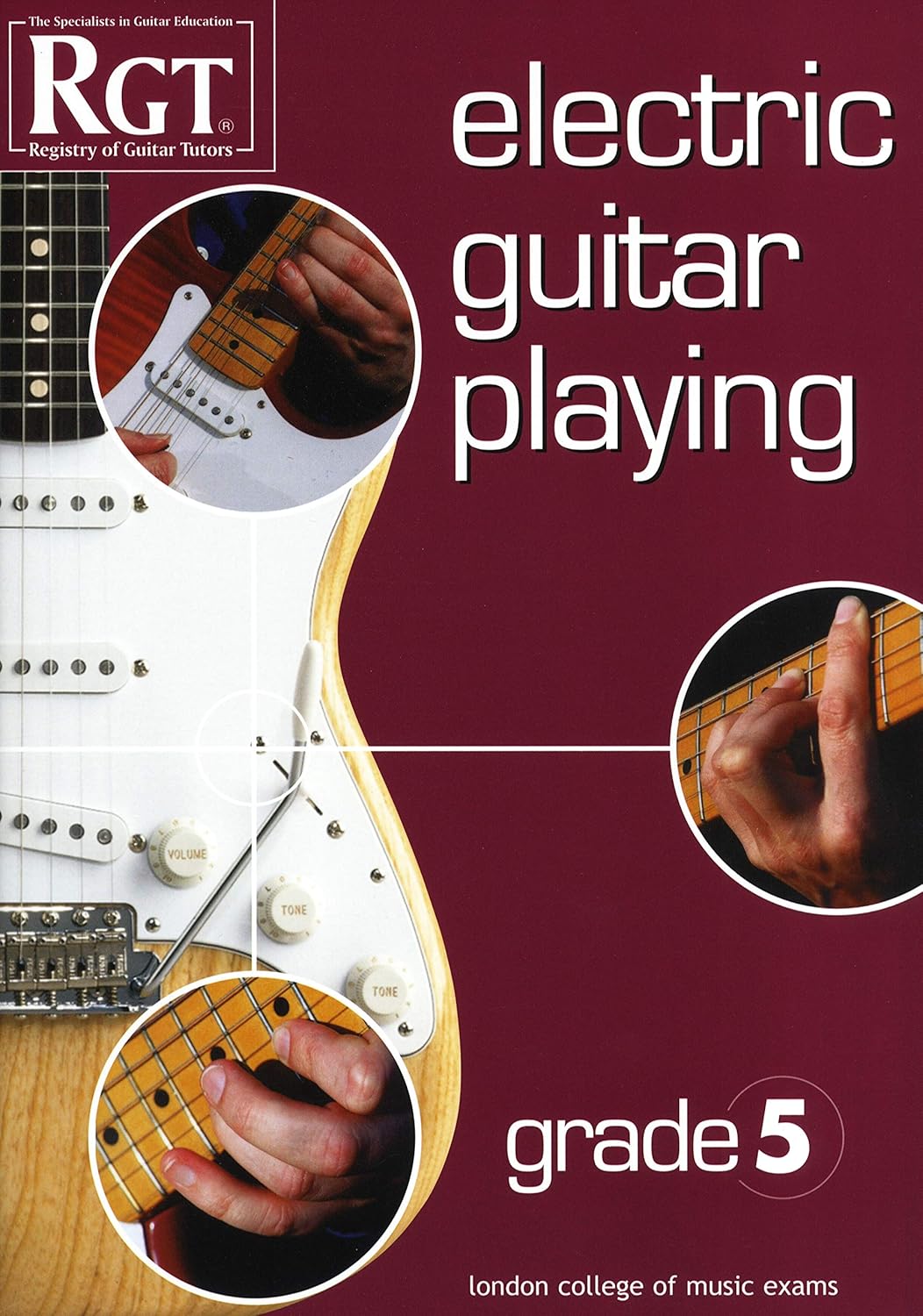 Book cover of 'Electric Guitar Playing' by RGT with images of a guitar and hands playing.