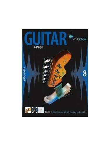 Book cover of 'Guitar Grade 8' by Rockschool with a guitar headstock on a black background.